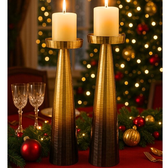 NWT Set of 2 Luxury Textured Hammered Pillar Candle Holders Ombre Gold Brown - Picture 1 of 11